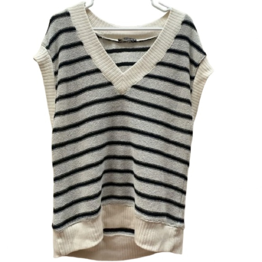 ZARA Women Striped V-Neck Knitted Sleeveless Top Cream/Black Stripes Size S Boho